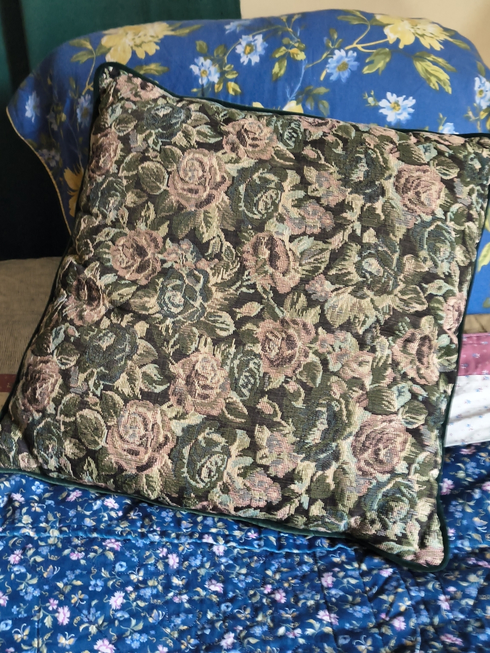 Vintage 90s floral rose tapestry square pillow with velvet back